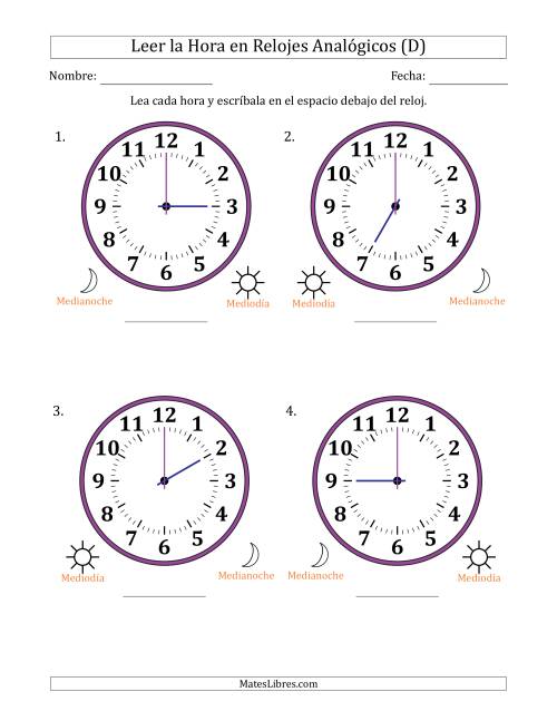 La hoja de ejercicios de Leer la Hora en Relojes Analógicos de 12 Horas en Intervalos de 1 Hora (4 Relojes Grandes) (D)