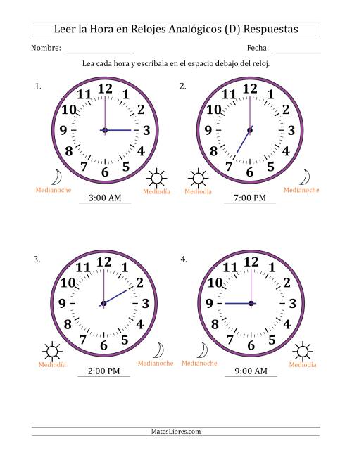 La hoja de ejercicios de Leer la Hora en Relojes Analógicos de 12 Horas en Intervalos de 1 Hora (4 Relojes Grandes) (D) Página 2
