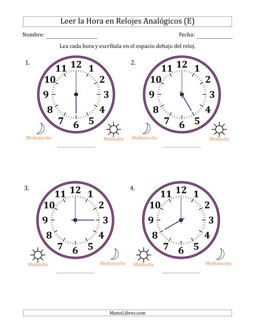 La hoja de ejercicios de Leer la Hora en Relojes Analógicos de 12 Horas en Intervalos de 1 Hora (4 Relojes Grandes) (E)