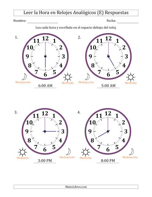 La hoja de ejercicios de Leer la Hora en Relojes Analógicos de 12 Horas en Intervalos de 1 Hora (4 Relojes Grandes) (E) Página 2