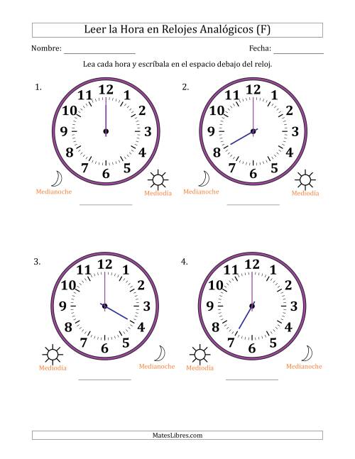 La hoja de ejercicios de Leer la Hora en Relojes Analógicos de 12 Horas en Intervalos de 1 Hora (4 Relojes Grandes) (F)