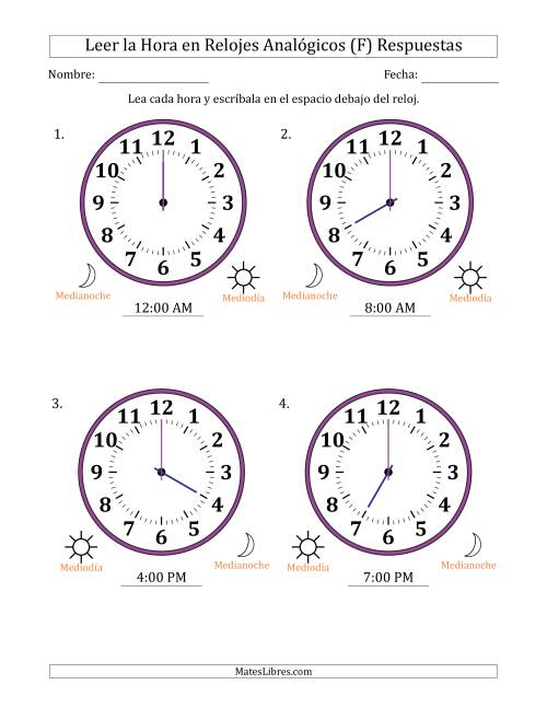 La hoja de ejercicios de Leer la Hora en Relojes Analógicos de 12 Horas en Intervalos de 1 Hora (4 Relojes Grandes) (F) Página 2