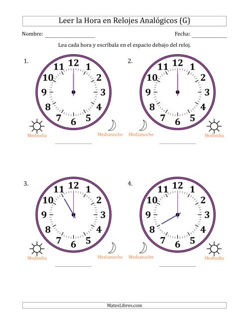 La hoja de ejercicios de Leer la Hora en Relojes Analógicos de 12 Horas en Intervalos de 1 Hora (4 Relojes Grandes) (G)