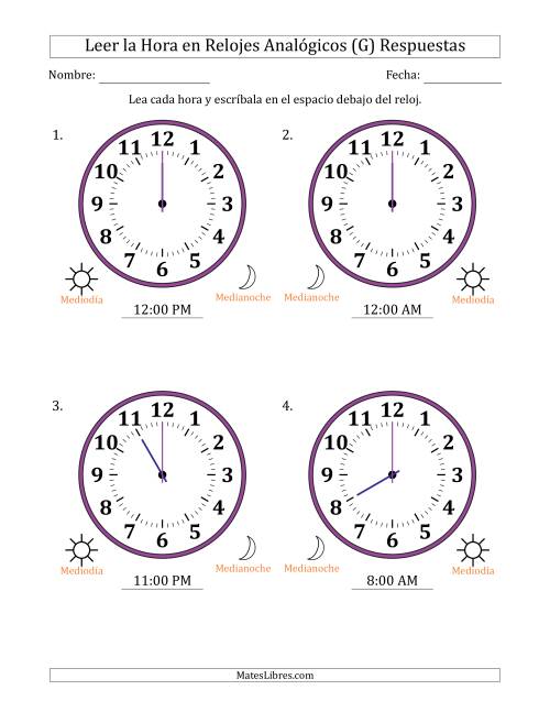 La hoja de ejercicios de Leer la Hora en Relojes Analógicos de 12 Horas en Intervalos de 1 Hora (4 Relojes Grandes) (G) Página 2