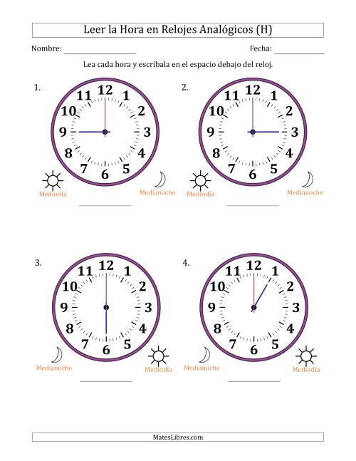 La hoja de ejercicios de Leer la Hora en Relojes Analógicos de 12 Horas en Intervalos de 1 Hora (4 Relojes Grandes) (H)