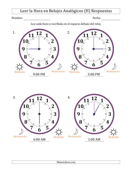 La hoja de ejercicios de Leer la Hora en Relojes Analógicos de 12 Horas en Intervalos de 1 Hora (4 Relojes Grandes) (H) Página 2