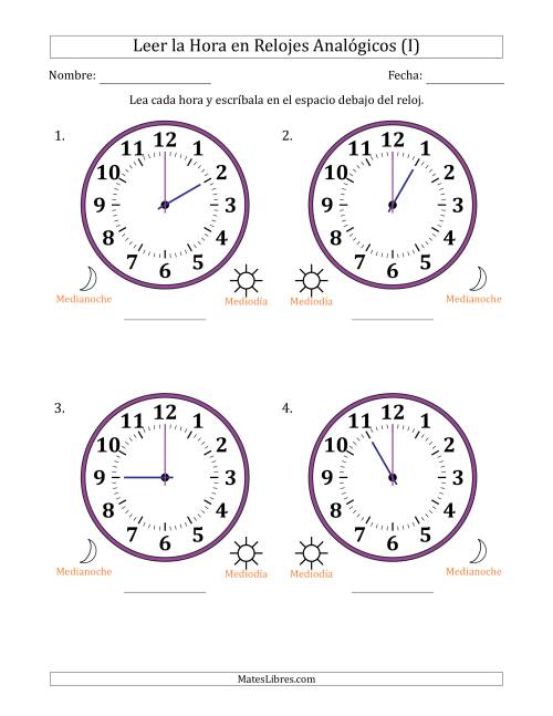 La hoja de ejercicios de Leer la Hora en Relojes Analógicos de 12 Horas en Intervalos de 1 Hora (4 Relojes Grandes) (I)