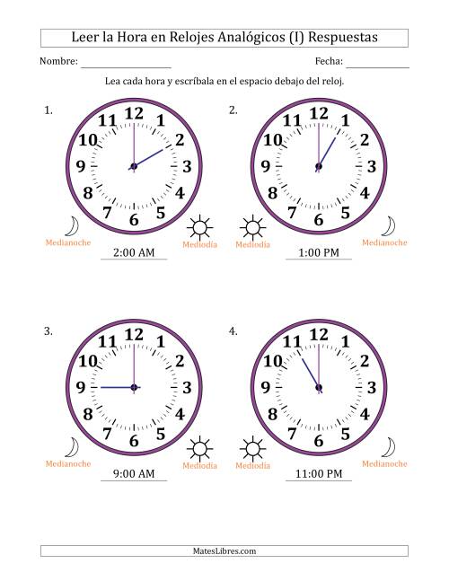 La hoja de ejercicios de Leer la Hora en Relojes Analógicos de 12 Horas en Intervalos de 1 Hora (4 Relojes Grandes) (I) Página 2