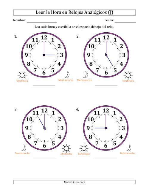 La hoja de ejercicios de Leer la Hora en Relojes Analógicos de 12 Horas en Intervalos de 1 Hora (4 Relojes Grandes) (J)