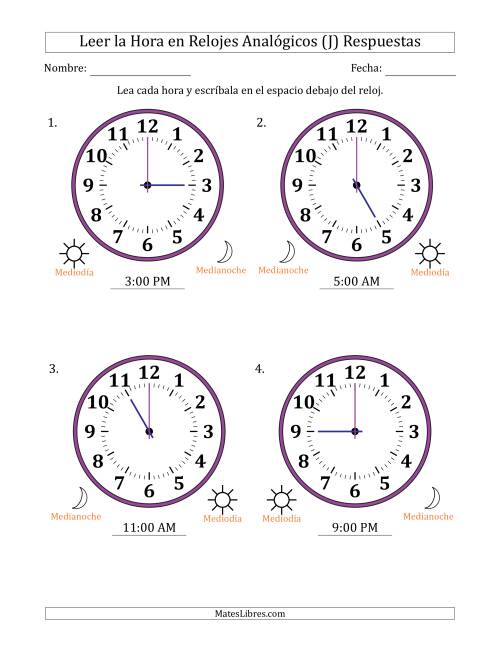 La hoja de ejercicios de Leer la Hora en Relojes Analógicos de 12 Horas en Intervalos de 1 Hora (4 Relojes Grandes) (J) Página 2