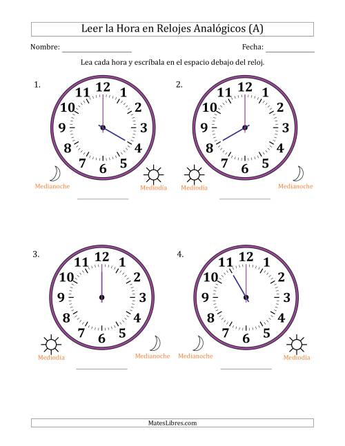 La hoja de ejercicios de Leer la Hora en Relojes Analógicos de 12 Horas en Intervalos de 1 Hora (4 Relojes Grandes) (Todas)