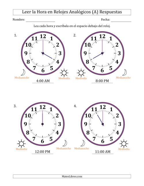 La hoja de ejercicios de Leer la Hora en Relojes Analógicos de 12 Horas en Intervalos de 1 Hora (4 Relojes Grandes) (Todas) Página 2