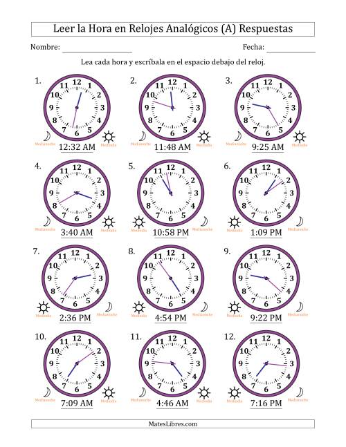 La hoja de ejercicios de Leer la Hora en Relojes Analógicos de 12 Horas en Intervalos de 1 Minuto (12 Relojes) (A) Página 2