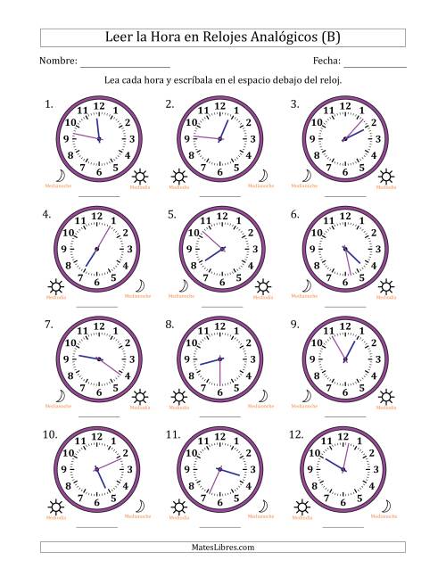 La hoja de ejercicios de Leer la Hora en Relojes Analógicos de 12 Horas en Intervalos de 1 Minuto (12 Relojes) (B)