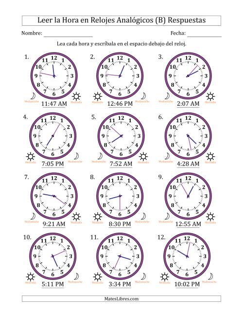 La hoja de ejercicios de Leer la Hora en Relojes Analógicos de 12 Horas en Intervalos de 1 Minuto (12 Relojes) (B) Página 2