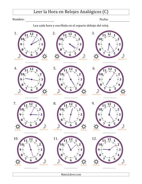 La hoja de ejercicios de Leer la Hora en Relojes Analógicos de 12 Horas en Intervalos de 1 Minuto (12 Relojes) (C)