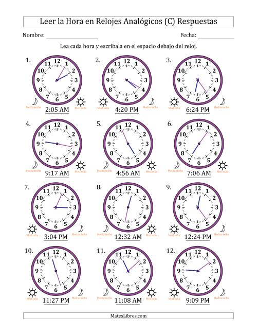 La hoja de ejercicios de Leer la Hora en Relojes Analógicos de 12 Horas en Intervalos de 1 Minuto (12 Relojes) (C) Página 2