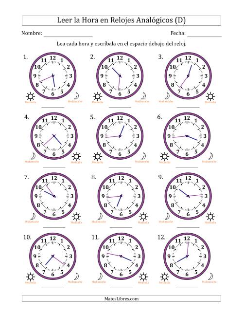 La hoja de ejercicios de Leer la Hora en Relojes Analógicos de 12 Horas en Intervalos de 1 Minuto (12 Relojes) (D)