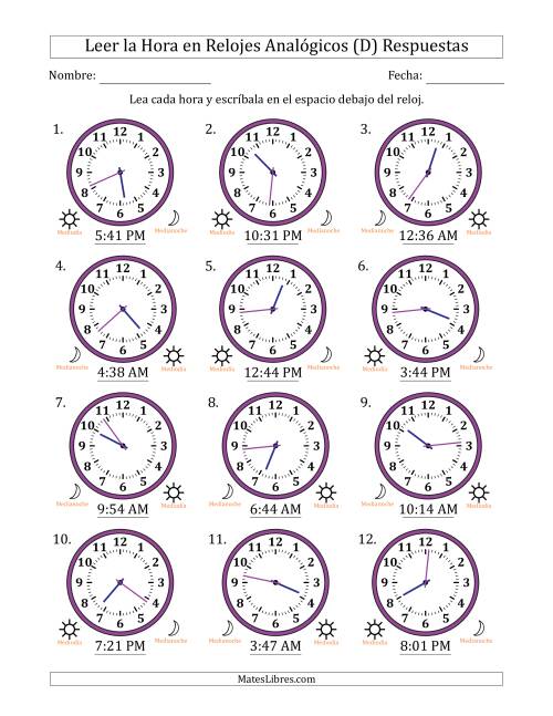 La hoja de ejercicios de Leer la Hora en Relojes Analógicos de 12 Horas en Intervalos de 1 Minuto (12 Relojes) (D) Página 2