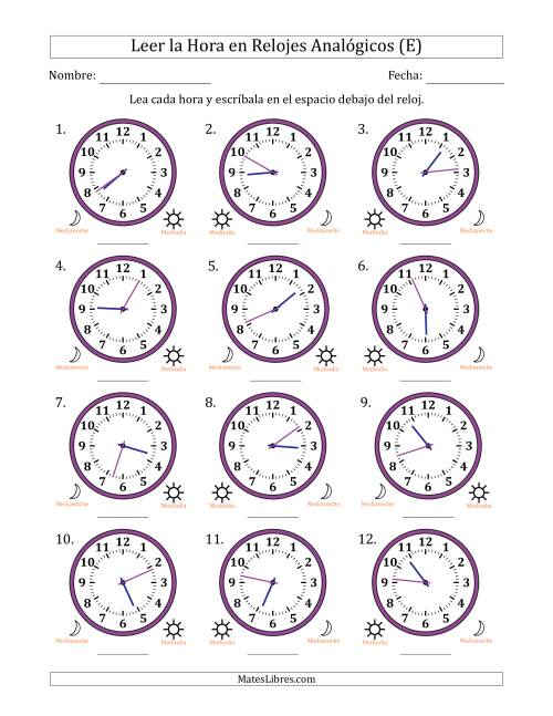La hoja de ejercicios de Leer la Hora en Relojes Analógicos de 12 Horas en Intervalos de 1 Minuto (12 Relojes) (E)