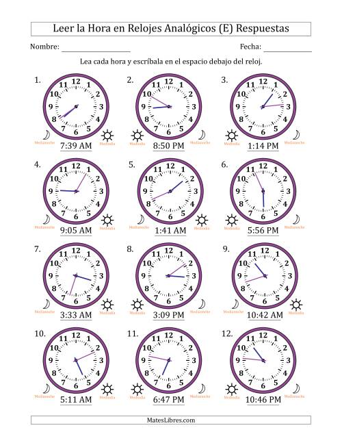 La hoja de ejercicios de Leer la Hora en Relojes Analógicos de 12 Horas en Intervalos de 1 Minuto (12 Relojes) (E) Página 2