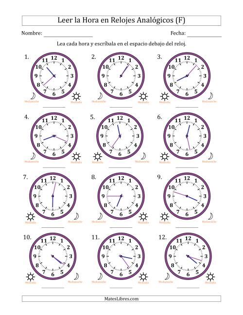 La hoja de ejercicios de Leer la Hora en Relojes Analógicos de 12 Horas en Intervalos de 1 Minuto (12 Relojes) (F)
