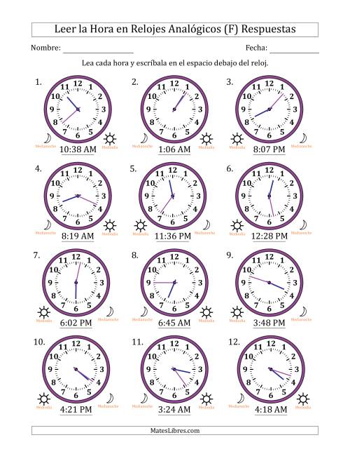 La hoja de ejercicios de Leer la Hora en Relojes Analógicos de 12 Horas en Intervalos de 1 Minuto (12 Relojes) (F) Página 2