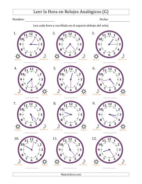 La hoja de ejercicios de Leer la Hora en Relojes Analógicos de 12 Horas en Intervalos de 1 Minuto (12 Relojes) (G)