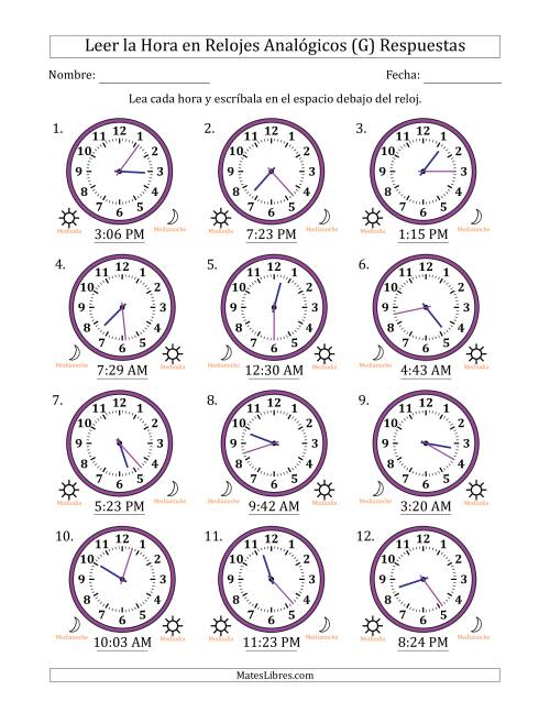 La hoja de ejercicios de Leer la Hora en Relojes Analógicos de 12 Horas en Intervalos de 1 Minuto (12 Relojes) (G) Página 2