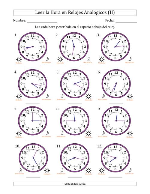 La hoja de ejercicios de Leer la Hora en Relojes Analógicos de 12 Horas en Intervalos de 1 Minuto (12 Relojes) (H)