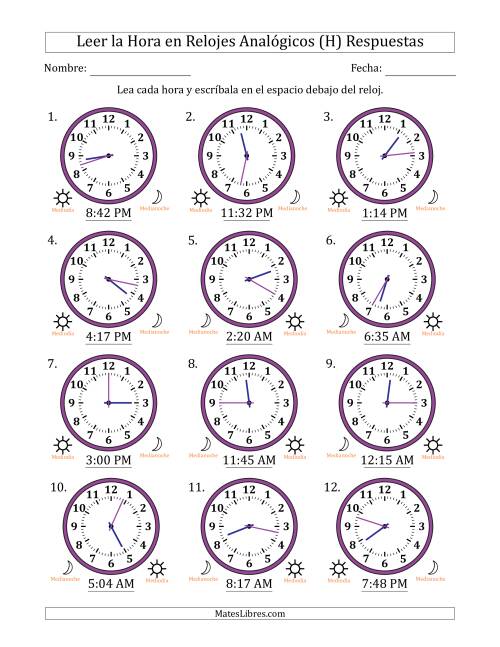 La hoja de ejercicios de Leer la Hora en Relojes Analógicos de 12 Horas en Intervalos de 1 Minuto (12 Relojes) (H) Página 2