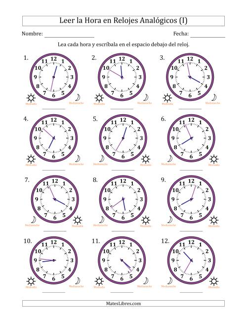 La hoja de ejercicios de Leer la Hora en Relojes Analógicos de 12 Horas en Intervalos de 1 Minuto (12 Relojes) (I)
