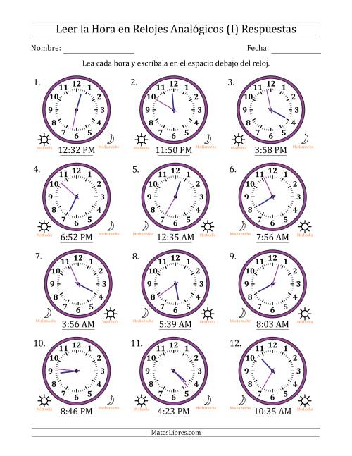 La hoja de ejercicios de Leer la Hora en Relojes Analógicos de 12 Horas en Intervalos de 1 Minuto (12 Relojes) (I) Página 2