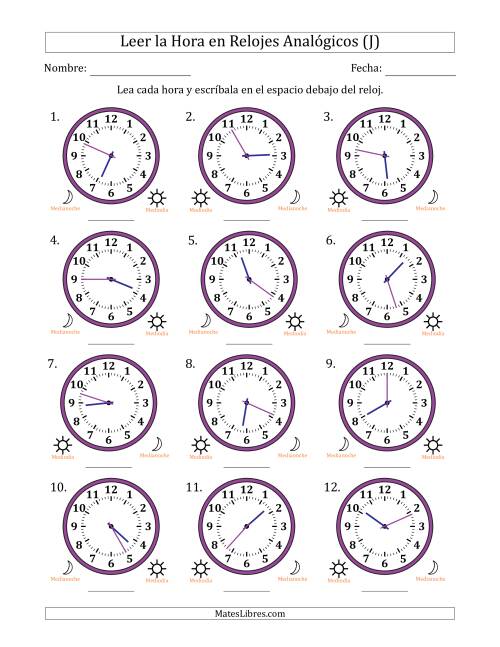 La hoja de ejercicios de Leer la Hora en Relojes Analógicos de 12 Horas en Intervalos de 1 Minuto (12 Relojes) (J)