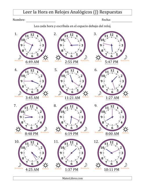 La hoja de ejercicios de Leer la Hora en Relojes Analógicos de 12 Horas en Intervalos de 1 Minuto (12 Relojes) (J) Página 2