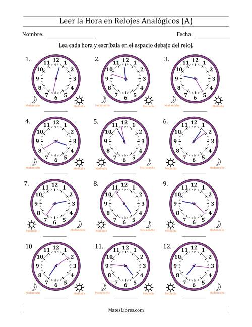 La hoja de ejercicios de Leer la Hora en Relojes Analógicos de 12 Horas en Intervalos de 1 Minuto (12 Relojes) (Todas)
