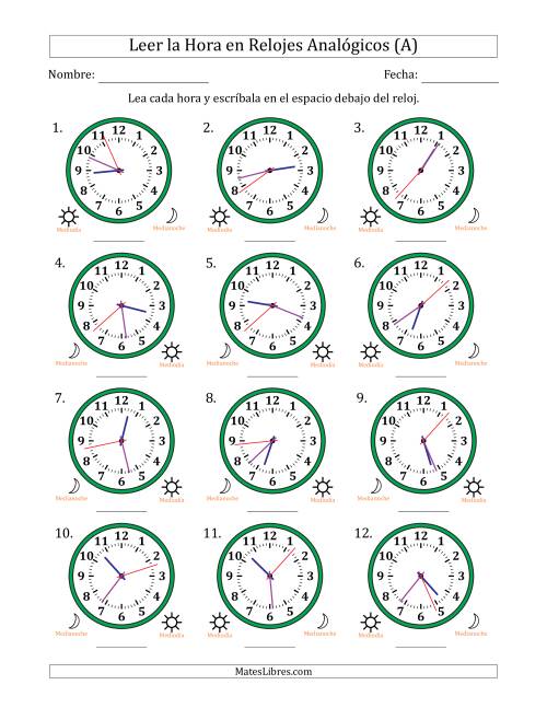 La hoja de ejercicios de Leer la Hora en Relojes Analógicos de 12 Horas en Intervalos de 1 Segundo (12 Relojes) (A)