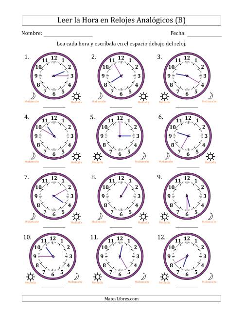 La hoja de ejercicios de Leer la Hora en Relojes Analógicos de 12 Horas en Intervalos de 5 Minuto (12 Relojes) (B)