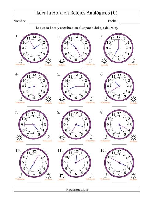 La hoja de ejercicios de Leer la Hora en Relojes Analógicos de 12 Horas en Intervalos de 5 Minuto (12 Relojes) (C)