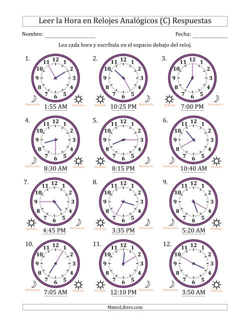 La hoja de ejercicios de Leer la Hora en Relojes Analógicos de 12 Horas en Intervalos de 5 Minuto (12 Relojes) (C) Página 2