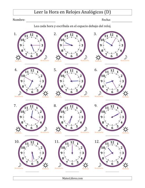 La hoja de ejercicios de Leer la Hora en Relojes Analógicos de 12 Horas en Intervalos de 5 Minuto (12 Relojes) (D)