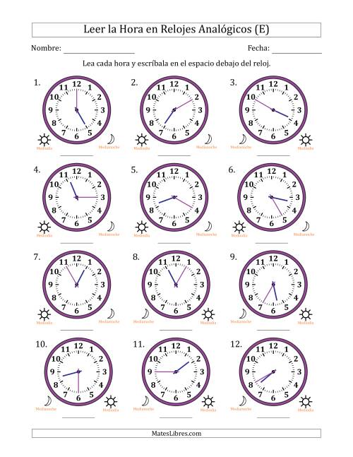 La hoja de ejercicios de Leer la Hora en Relojes Analógicos de 12 Horas en Intervalos de 5 Minuto (12 Relojes) (E)