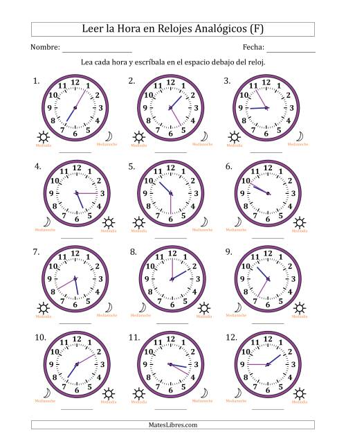 La hoja de ejercicios de Leer la Hora en Relojes Analógicos de 12 Horas en Intervalos de 5 Minuto (12 Relojes) (F)