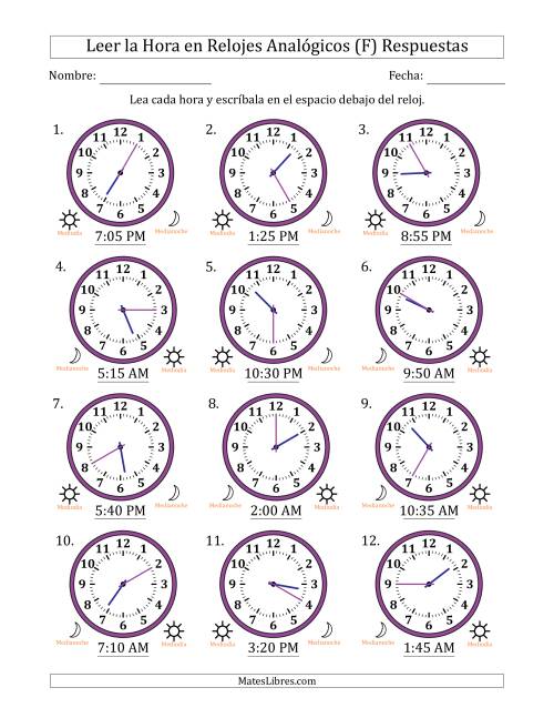 La hoja de ejercicios de Leer la Hora en Relojes Analógicos de 12 Horas en Intervalos de 5 Minuto (12 Relojes) (F) Página 2