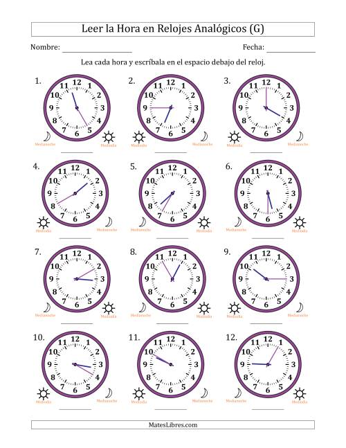 La hoja de ejercicios de Leer la Hora en Relojes Analógicos de 12 Horas en Intervalos de 5 Minuto (12 Relojes) (G)