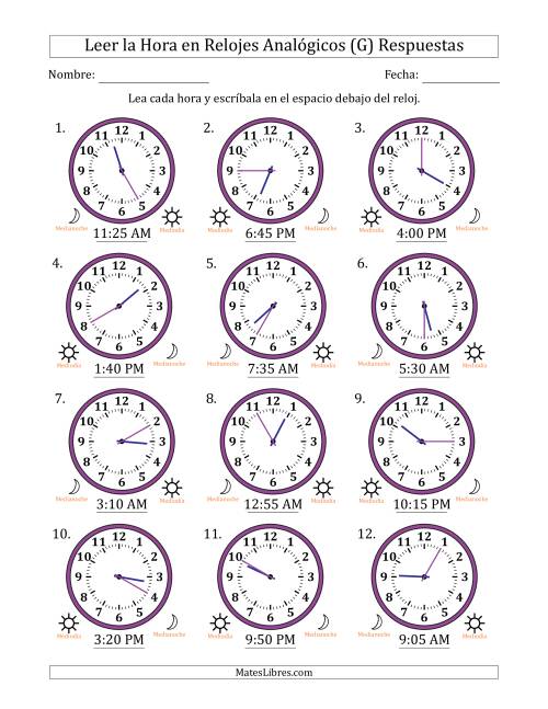 La hoja de ejercicios de Leer la Hora en Relojes Analógicos de 12 Horas en Intervalos de 5 Minuto (12 Relojes) (G) Página 2