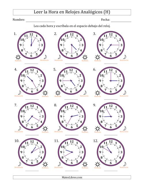 La hoja de ejercicios de Leer la Hora en Relojes Analógicos de 12 Horas en Intervalos de 5 Minuto (12 Relojes) (H)