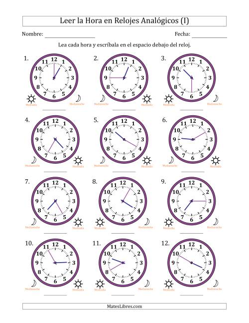 La hoja de ejercicios de Leer la Hora en Relojes Analógicos de 12 Horas en Intervalos de 5 Minuto (12 Relojes) (I)