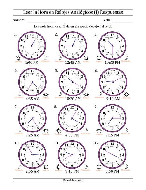 La hoja de ejercicios de Leer la Hora en Relojes Analógicos de 12 Horas en Intervalos de 5 Minuto (12 Relojes) (I) Página 2