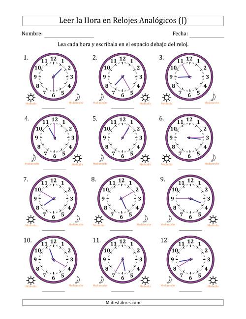 La hoja de ejercicios de Leer la Hora en Relojes Analógicos de 12 Horas en Intervalos de 5 Minuto (12 Relojes) (J)